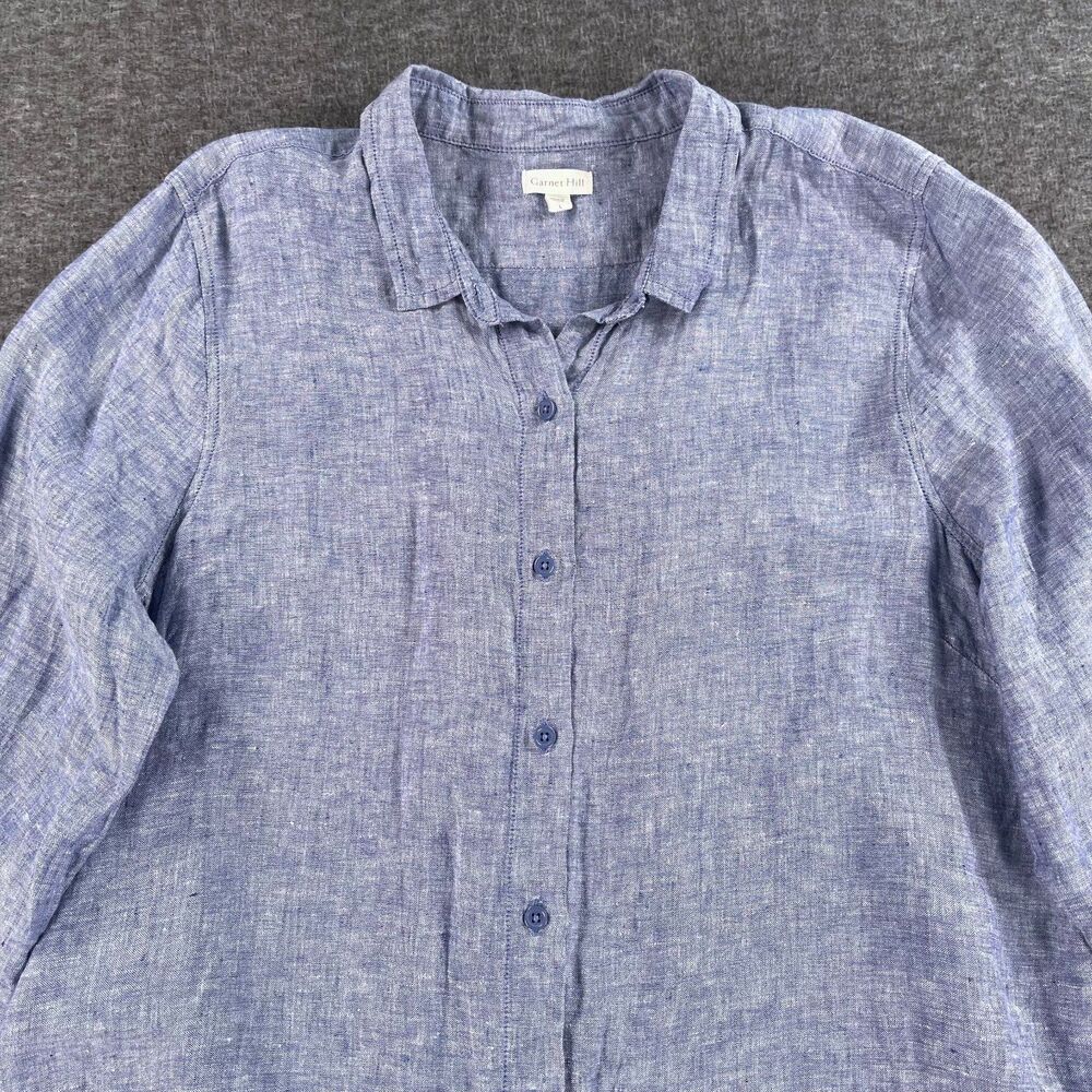 Garnet Hill‎ Easy Linen Tunic Shirt Dress L Blue Chambray Button Up Long Coastal - Picture 5 of 13
